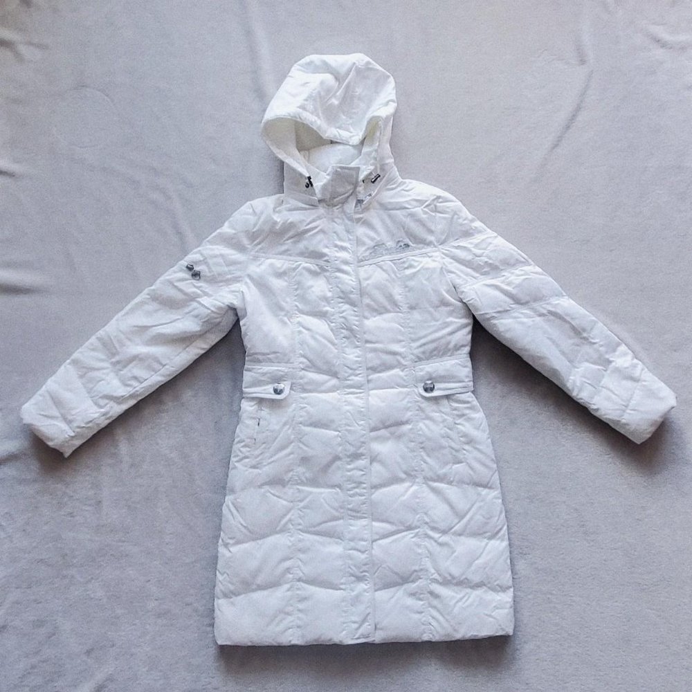 long thigh-length pure white form-fitting snowy winter jacket❄️